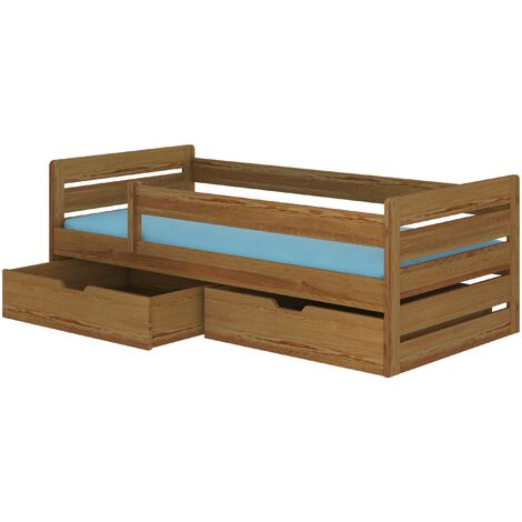 Lit enfant bois pin oak 90x200 avec 2 tiroirs de rangement Kiko