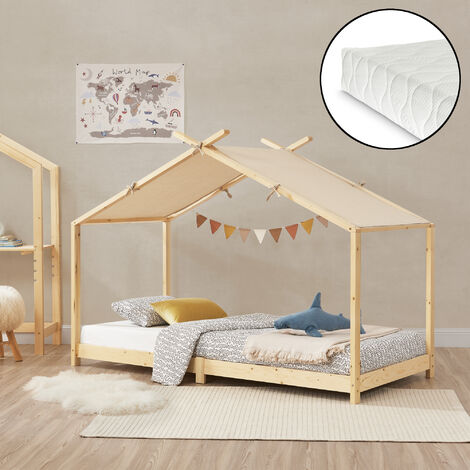 Lit enfant Brome forme maison avec matelas 90 x 200 cm naturel beige [en.casa]