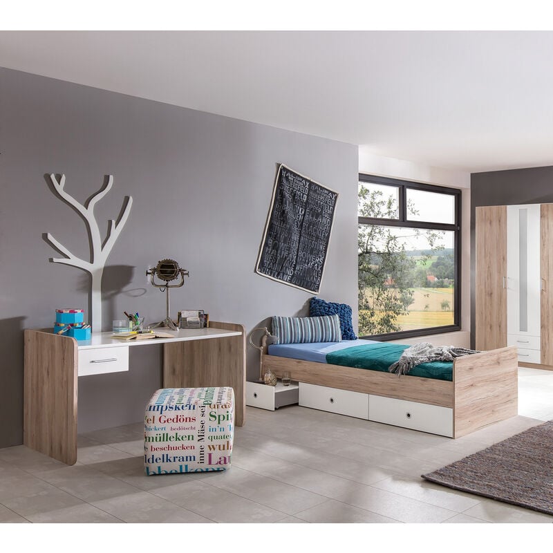 Lit enfant + bureau coloris Imitation chêne San Remo, rechampis blanc Pegane