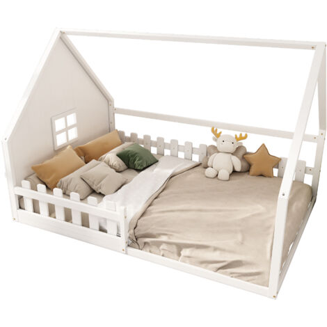 Lit enfant cabane 140x200 cm en pin et MDF blanc avec barrière de sécurité