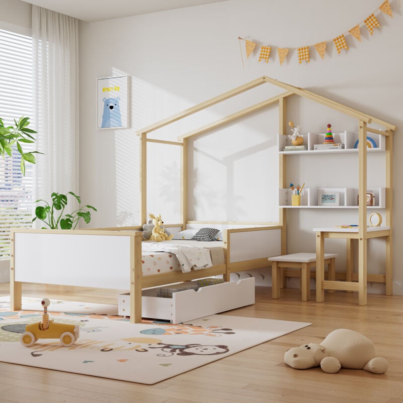 Lit enfant cabane avec tiroirs et étagères, avec table et tabouret, bois massif avec plaque de protection et sommier à lattes, structure en l,