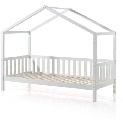 Lit Enfant Cabane & Barrière "Dallas II" 90x200cm Blanc