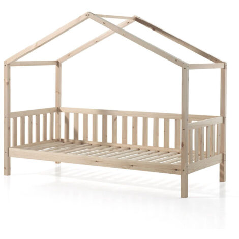 Lit Enfant Cabane & Barrière "Dallas II" 90x200cm Naturel