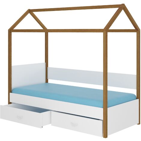 Lit enfant cabane bois pin aulne et bois gris clair 90x200 avec 2 tiroirs de rangement Forka