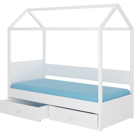 Lit enfant cabane bois pin blanc 90x200 avec 2 tiroirs de rangement Forka