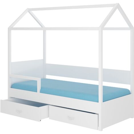 Lit enfant cabane bois pin blanc 90x200 avec barriére et 2 tiroirs de rangement Forka