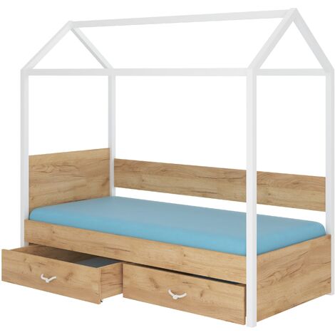 Lit enfant cabane bois pin blanc et bois oak 90x200 avec 2 tiroirs de rangement Forka