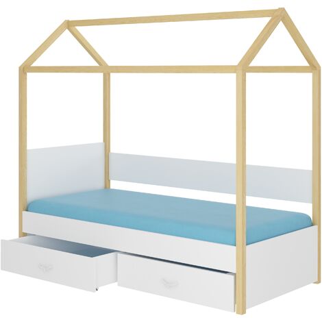 Lit enfant cabane bois pin naturel et bois blanc 90x200 avec 2 tiroirs de rangement Forka