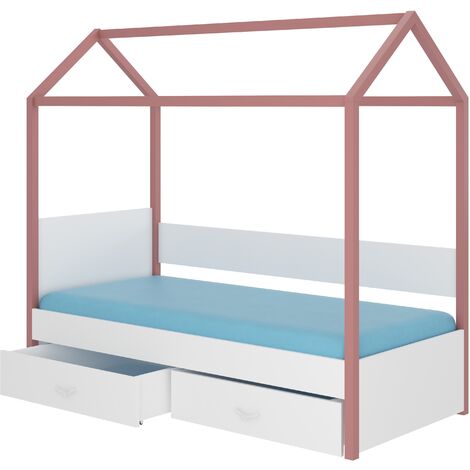 Lit enfant cabane bois pin rose et bois blanc 90x200 avec 2 tiroirs de rangement Forka
