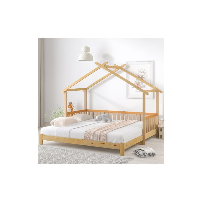Lit enfant cabane dans les arbres extensible, lit simple et double, pur bois massif, naturel (200x90cm)