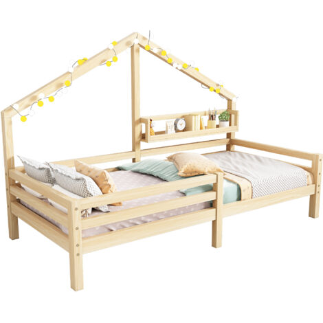 Lit enfant cabane en pin naturel 90x200 cm avec étagère arrière, barrière de sécurité et sommier à lattes inclus