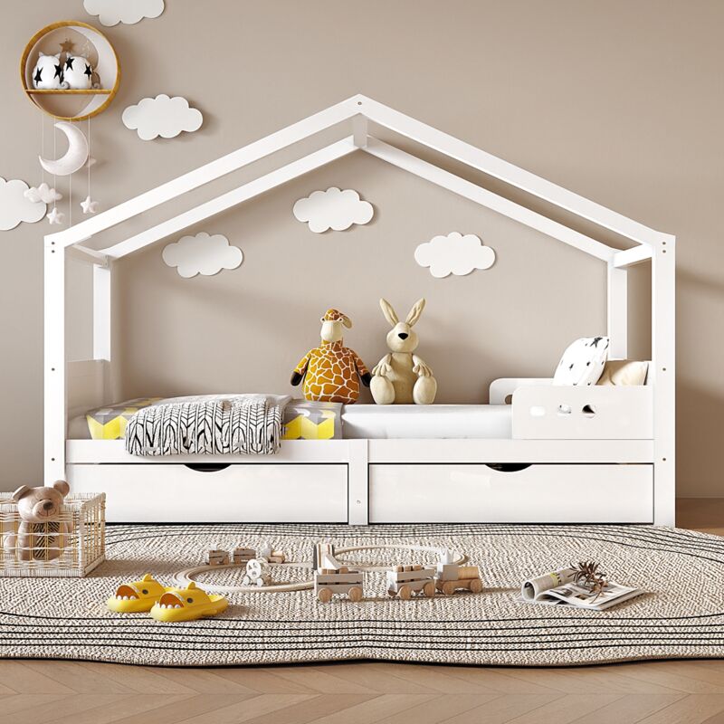 Lit cabane 90x200cm, avec 2 tiroirs, barrière de sécurité, sommier à lattes, écologique, pin, lit simple, blanc