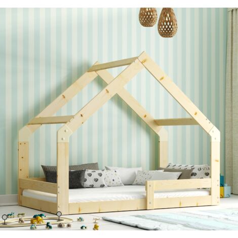 Lit enfant Cabane Naturelle 85x164, dim.matelas 80x160 Style Montessori – Au sol- Barrière de Sécurité - Sommier à Lattes- Bois Massif-  Pin-Sans matelas (bois naturel)