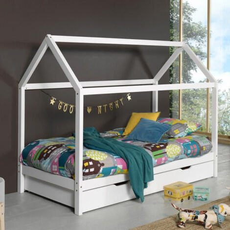 Lit Enfant Cabane & Tiroir "Dallas" 90x200cm Blanc