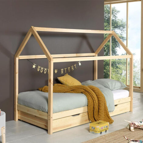Lit Enfant Cabane & Tiroir "Dallas" 90x200cm Naturel