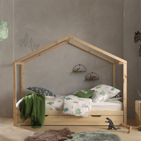 Lit Enfant Cabane & Tiroir "Dallas II" 90x200cm Naturel