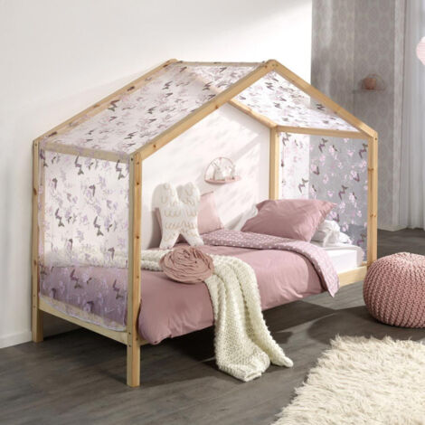 Lit Enfant Cabane & Voile "Dallas II" 90x200cm Naturel