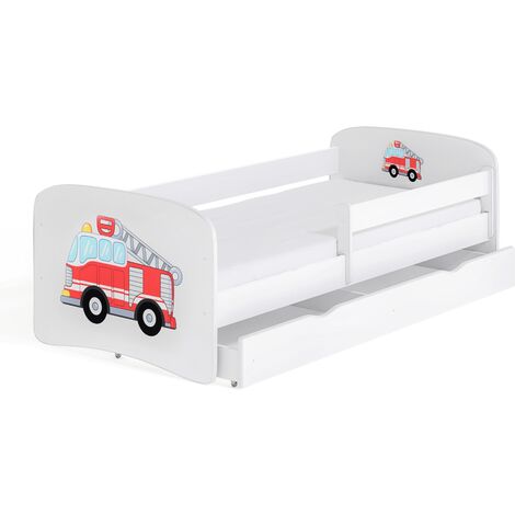 Lit enfant camion de pompier avec sommiers et barrière de sécurité amovible Drimy-70x140