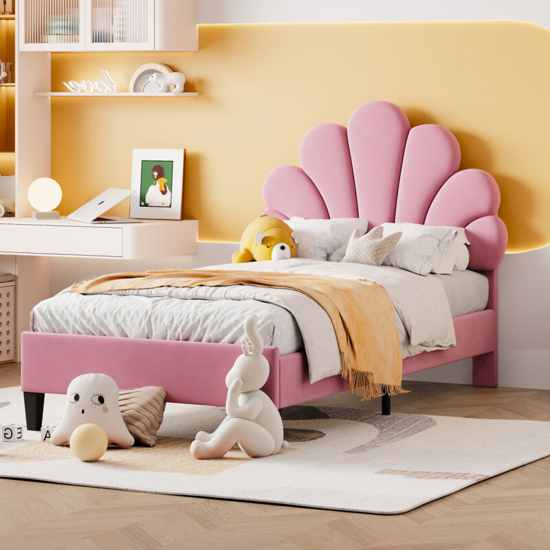 Lit enfant rembourré, Cadre de lit 90x200, lit 1 personne avec tête de lit et sommier à lattes, tissu velours, rose, sans matelas