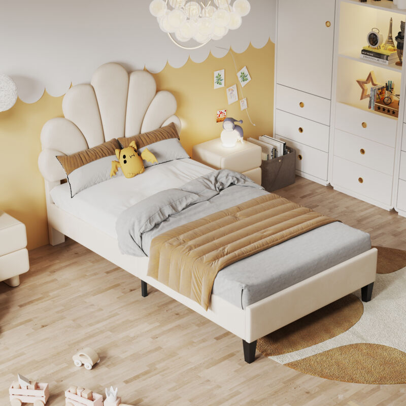 Okwish - Lit simple rembourré, 90x200 cm, lit adulte, lit enfant avec tête de lit enforme de fleur et sommiers à lattes, en velours beige, sans