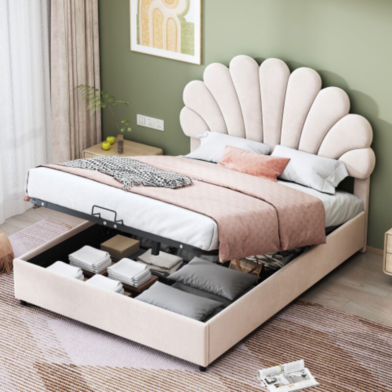 Okwish - Lit coffre 140x200 cm lit double rembourré avec tête de lit réglable en hauteur et sommiers à lattes, tissu en velours, gris, sans matelas