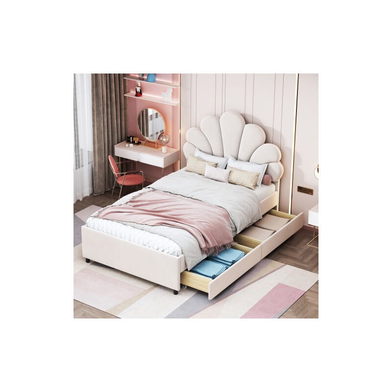 Lit simple rembourré, 90x200 cm, lit adulte, lit enfant avec tête de lit enforme de fleur, sommiers à lattes et rangements, en velours beige, sans