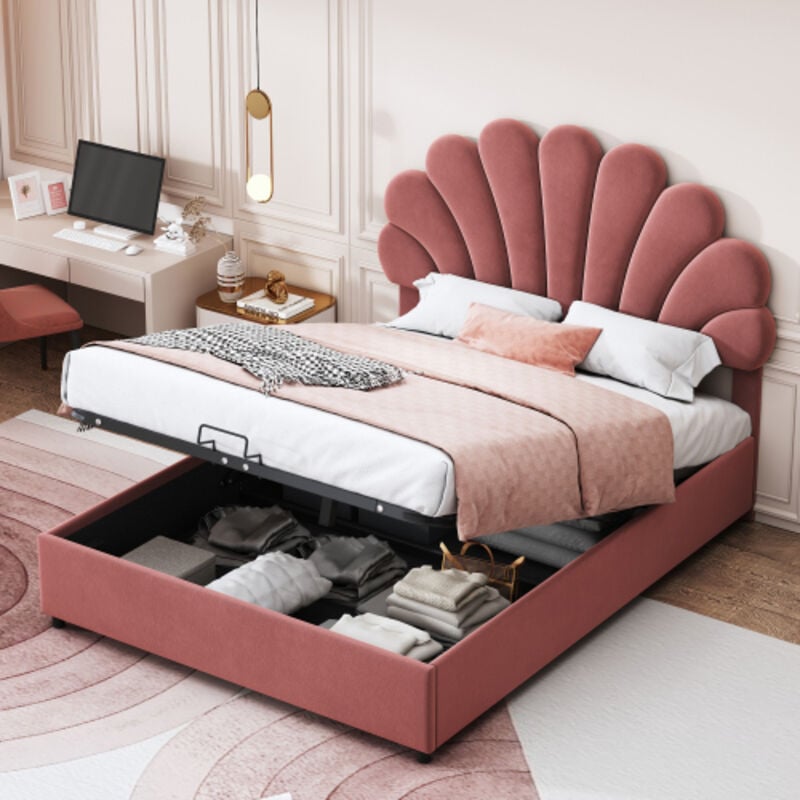 Okwish - Lit coffre 140x200 cm lit double rembourré avec tête de lit réglable en hauteur et sommiers à lattes, tissu en velours, rose, sans matelas