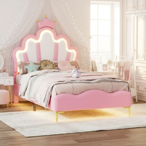 Lit enfant capitonné 90 x 200 cm, lit simple, tête de lit en forme de princesse couronne et avec barre lumineuse LED réglable, lit fille avec sommier à lattes,pour enfants et adolescents, PU, Rose