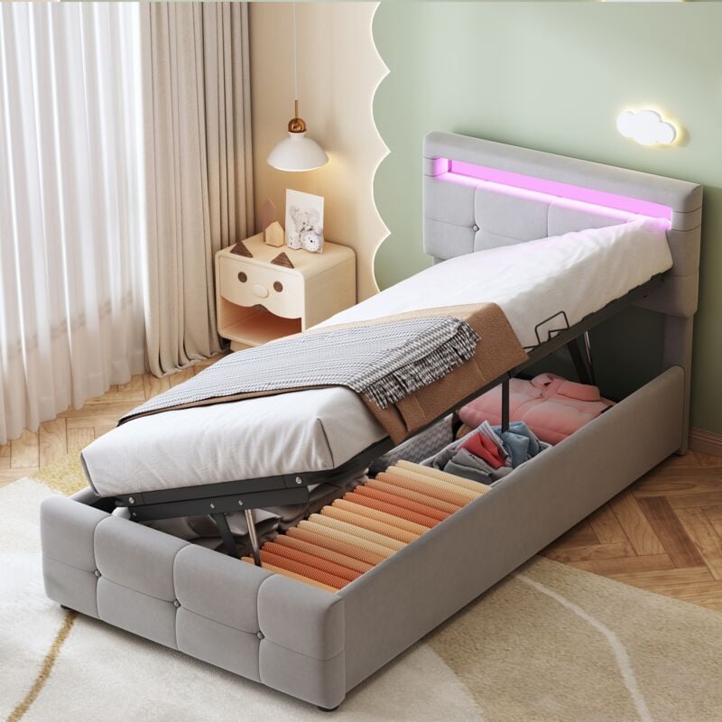 Lit coffre 90x200 cm lit simple d'enfant avec éclairage led et tête de lit réglable en hauteur, tissu en velours, gris, sans matelas