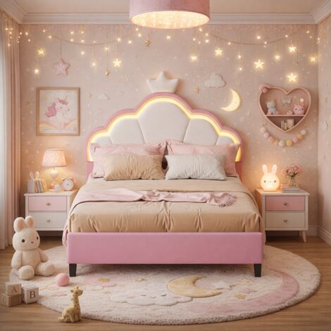 Lit enfant capitonné 90x200 cm avec LED pour fille adolescent, avec tête de lit réglable et sommier à lattes, design couronne de princesse en velours, rose