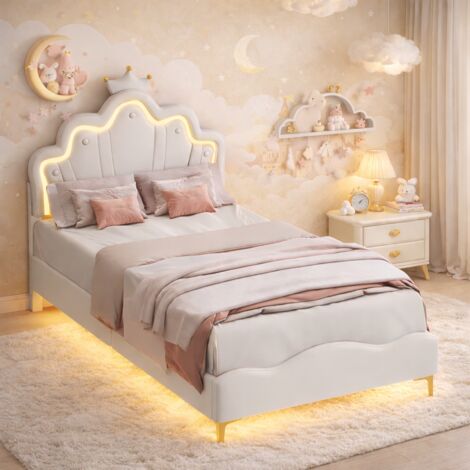 Lit Enfant Capitonné 90x200 cm avec LED pour Fille Adolescent- Tête de Lit Réglable en Hauteur, Sommier à Lattes, Design Couronne de Princesse en PU, Blanc
