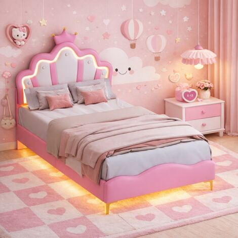 Lit Enfant Capitonné 90x200 cm avec LED pour Fille Adolescent- Tête de Lit Réglable en Hauteur, Sommier à Lattes, Design Couronne de Princesse en PU, Rose