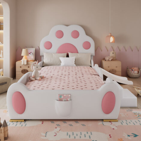 Lit enfant capitonné 90x200 cm tête chat avec toboggan et échelle, PU blanc rose, lit ludique
