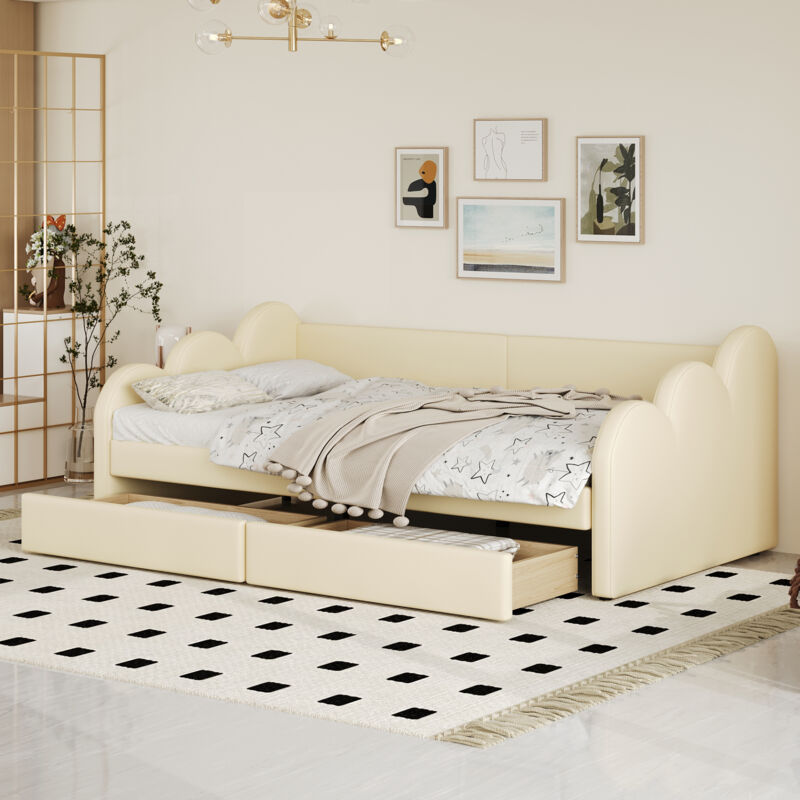 Lit enfant capitonné 90x200cm, canapé lit avec 2 tiroirs de rangement, simili cuir, lit simple, sans matelas, beige