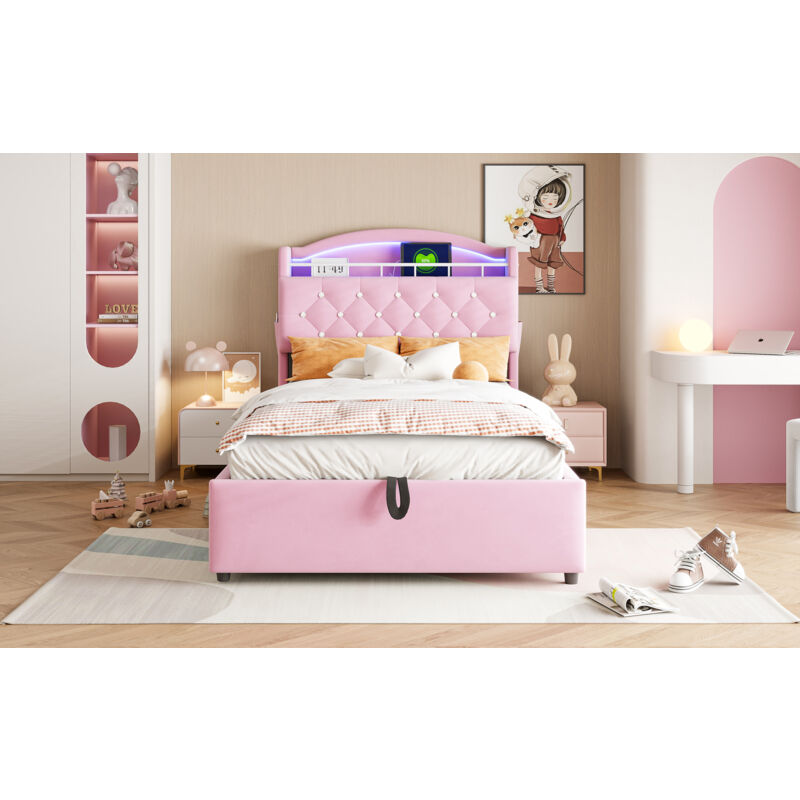 Lit enfant capitonné, avec LED et USB, 90x200cm, en velours, rose