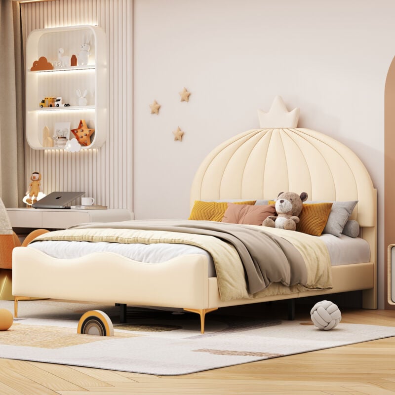 Okwish - Lit enfant 140x200 cm lit double rembourré avec dessin animé et sommier à lattes, en similicuir beige, sans matelas