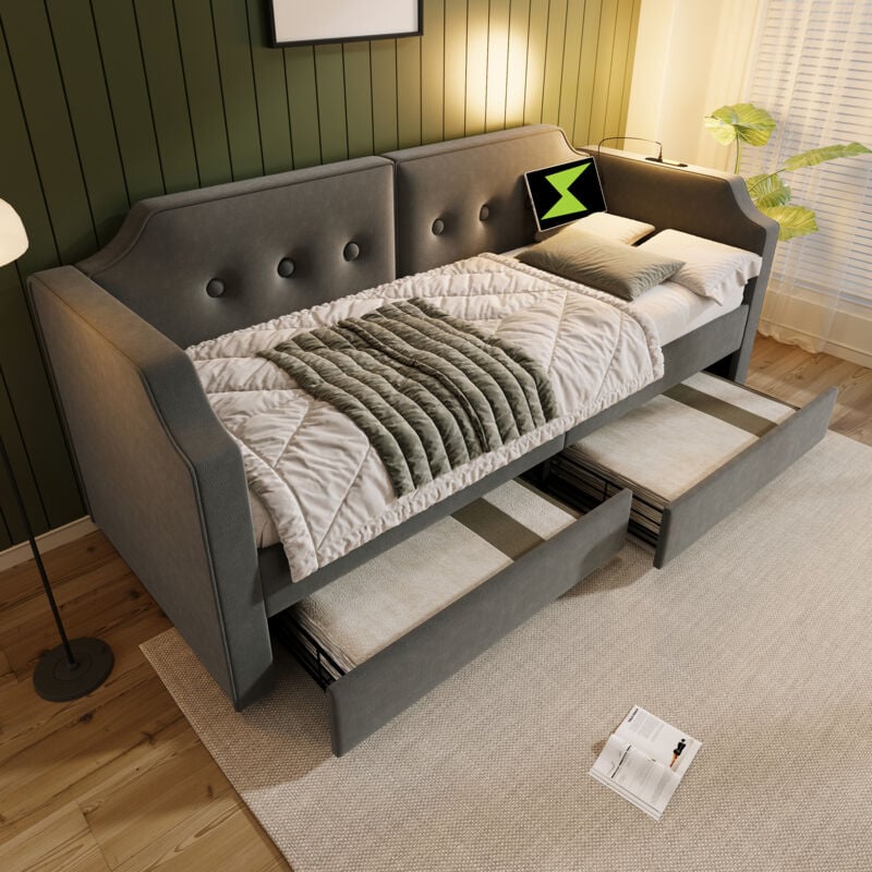 Lit enfant capitonné canapé-lit 90 x 200 cm avec lampe de lecture usb Type-C, 2 tiroirs, sommier à lattes, velours, gris, sans matelas