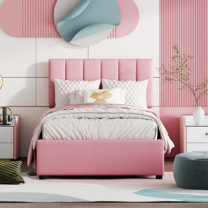 Lit coffre Lit enfant Lit capitonné 90 x 200 cm, hydraulique, lin doux pour la peau, rose