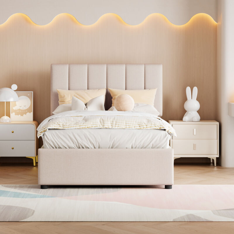 Wishdor - Lit coffre Lit adulte simple 90 x 200 cm, hydraulique, lin doux pour la peau, beige