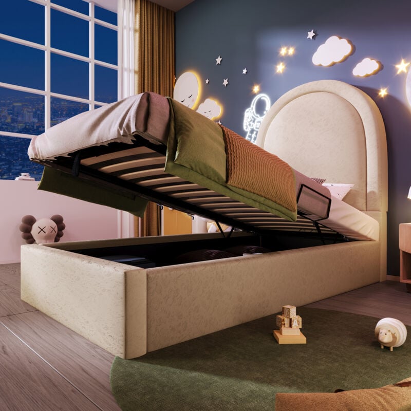 Okwish - Lit coffre 90x200 cm, lit simple rambourré, lit enfant avec espace de rangement, en pu beige, sans matelas