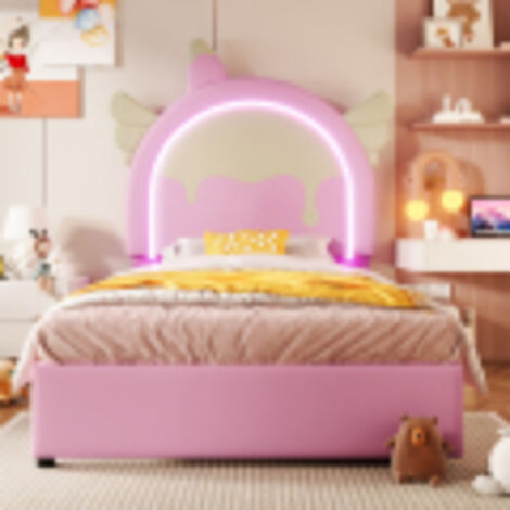 Lit enfant Cartoon, 90 X 200cm, lit rembourré en forme de licorne, avec lit pliant gigogne, PU, ​​sans matelas, rose (livraison locale, garantie 2 ans)