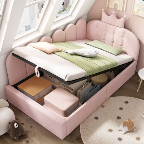 Lit enfant coffre 90x190 - Lit banquette 90x190 cm enfant avec rangement hydraulique, dossier couronne et sommier à lattes, velours rose
