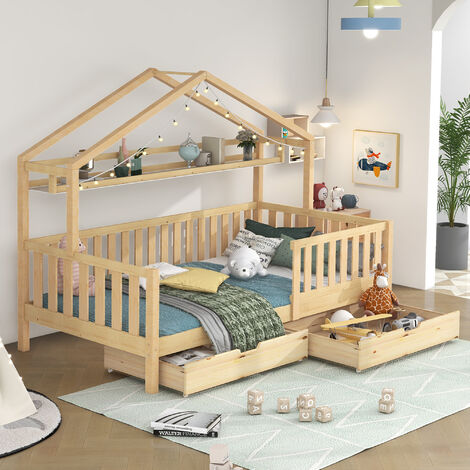 Lit enfant couleur bois, lit enfant, lit maison avec tiroirs, bois massif avec sommier à lattes, lit maison en pin, chambre d'enfant et d'adolescent, 90x200
