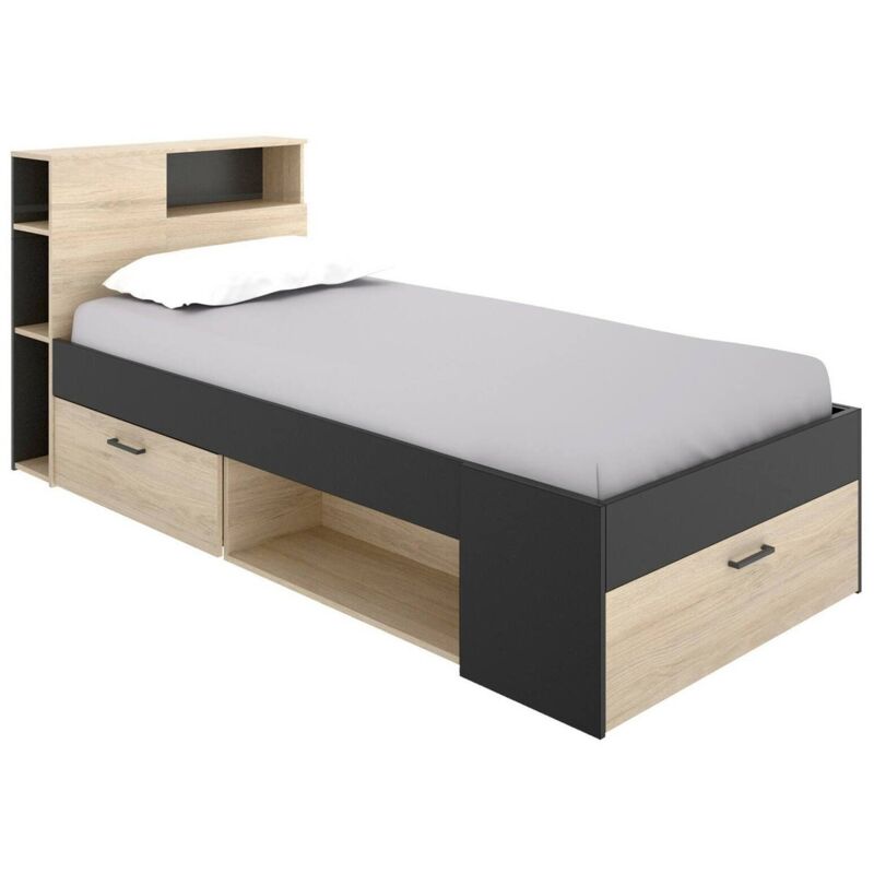 Dmora - Lit enfant Cristallo, Lit pour chambre avec tête de lit, Structure pour lit simple avec tiroir et étagères, 218x99h96 cm, Chêne et Anthracite