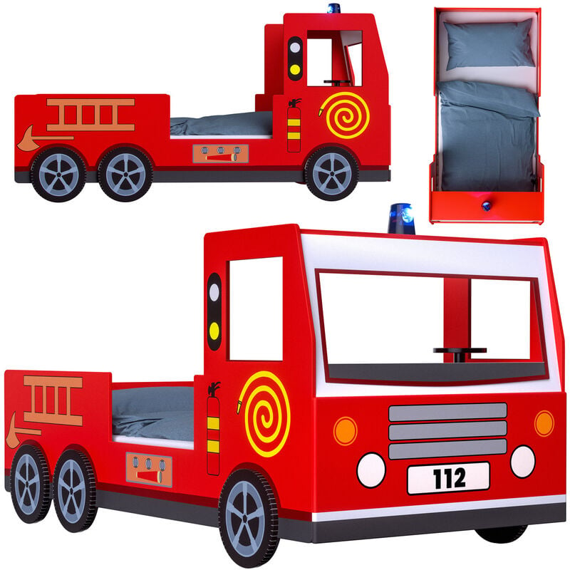 Lit enfant design camion pompier rouge 205x94,5x103cm Lit pour enfants avec sommier à lattes inclus