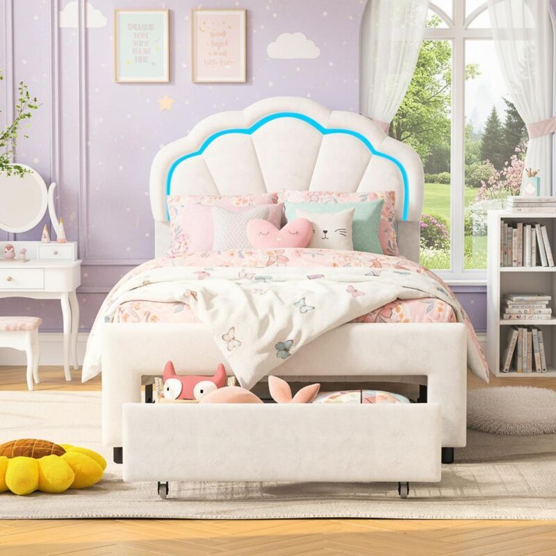 Lit Enfant 90x200 cm Design Coquillage avec LED RGB et Tiroir de Rangement - Structure en Velours Blanc - Sommier à Lattes Inclus Lit Enfant 90x200 cm Design Coquillage avec LED RGB et Tiroir de Rangement - Structure en Velours Blanc - Sommier à Lattes Inclus