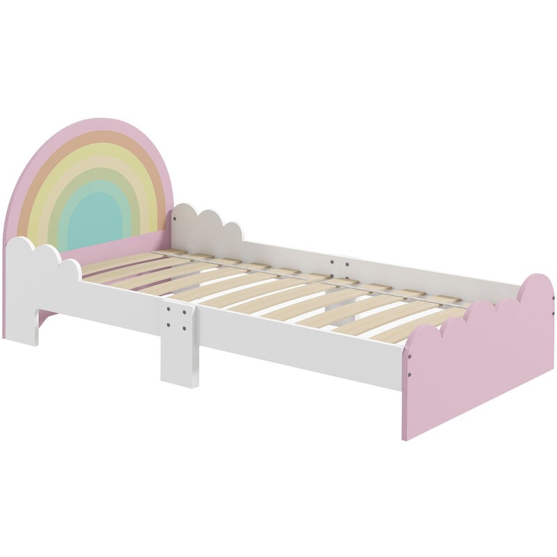 Lit enfant design girly motifs arc en ciel, nuages - sommier à lattes inclus - mdf contreplaqué rose blanc