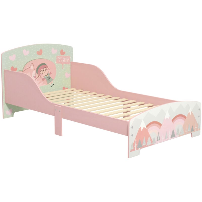 Lit pour enfant 3-6 ans design mountain adventure - sommier à lattes inclus - barrières de sécurité - rose