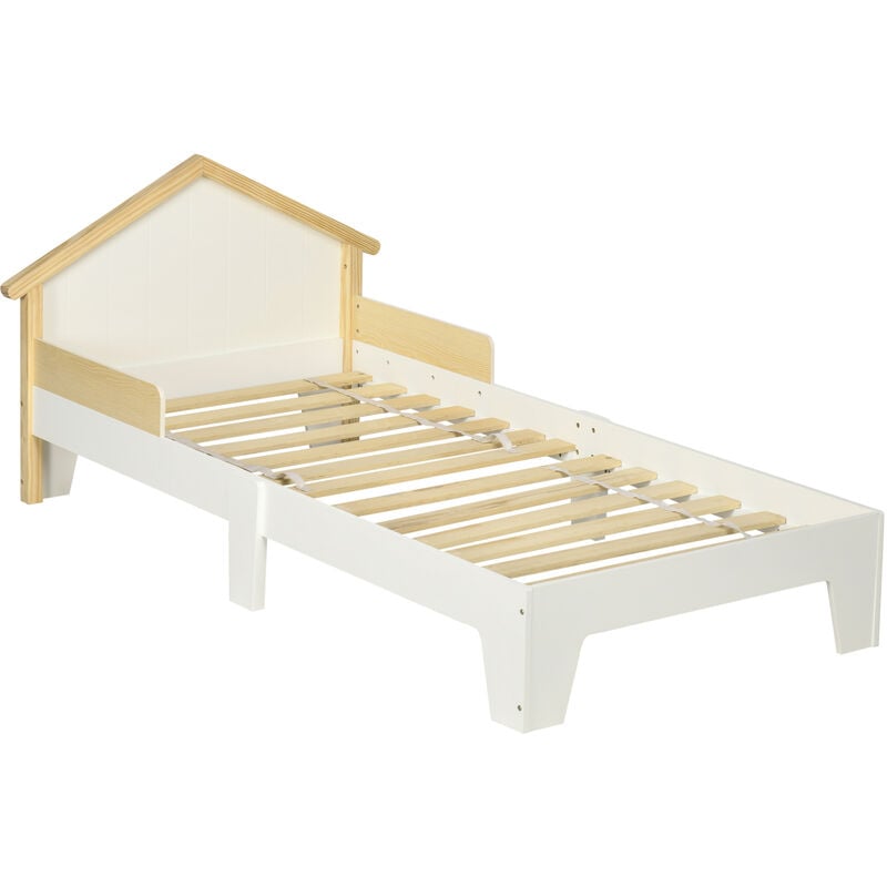 Homcom - Lit enfant design maison dim. 90 x 190 cm - structure lit avec tête de lit et sommier à lattes inclus - bois pin mdf blanc aspect bois clair