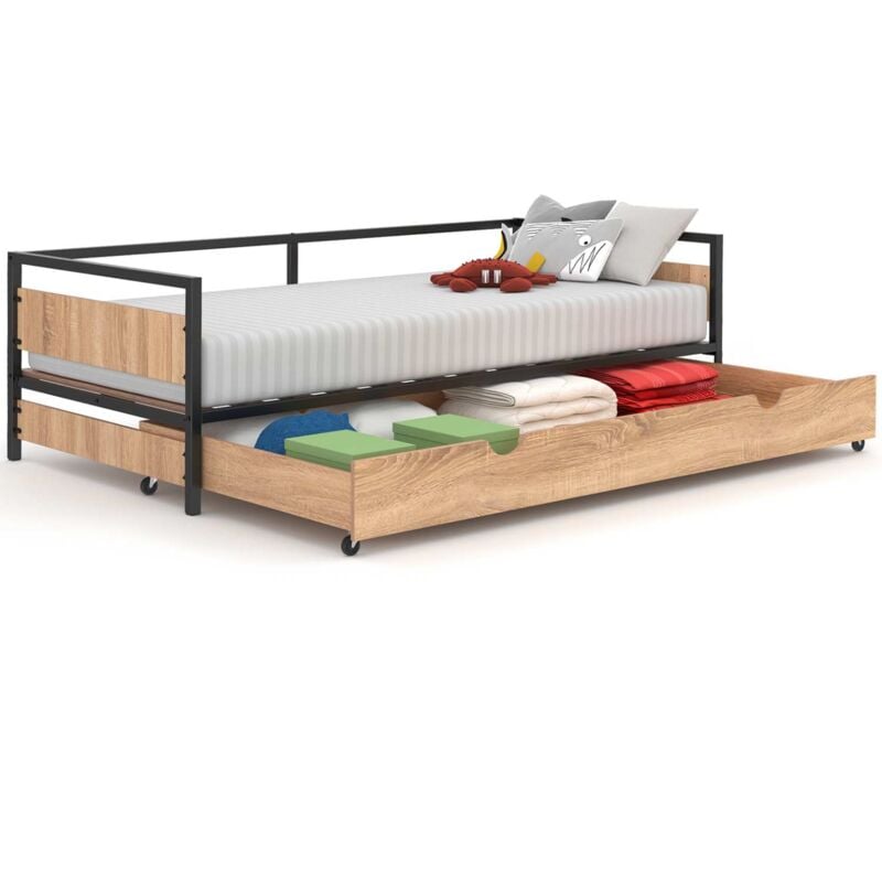 Lit enfant detroit 90 x 190 cm avec tiroir gigogne et rangement style industriel